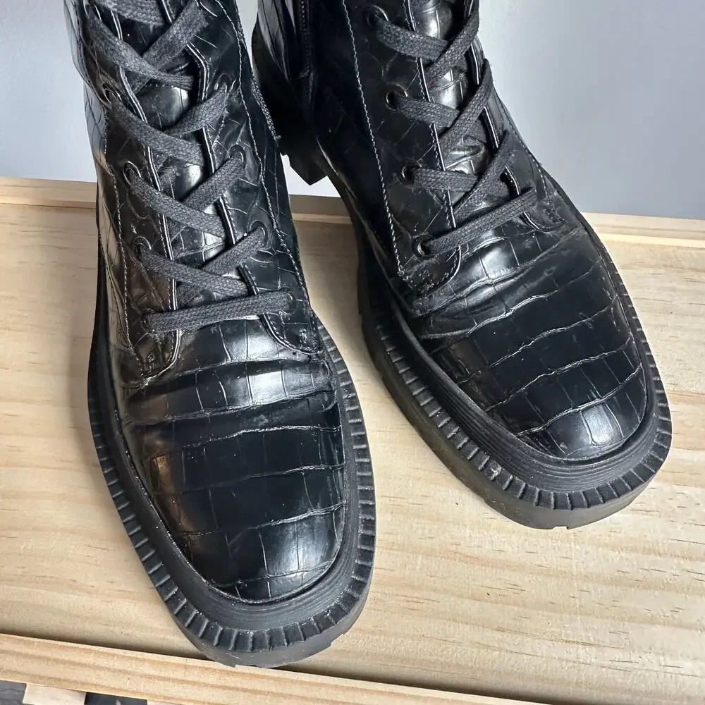 Zara Black Croc Embossed Combat Boots Platform Lug Sole Lace Up EU 39 US 8 - Picture 2 of 12